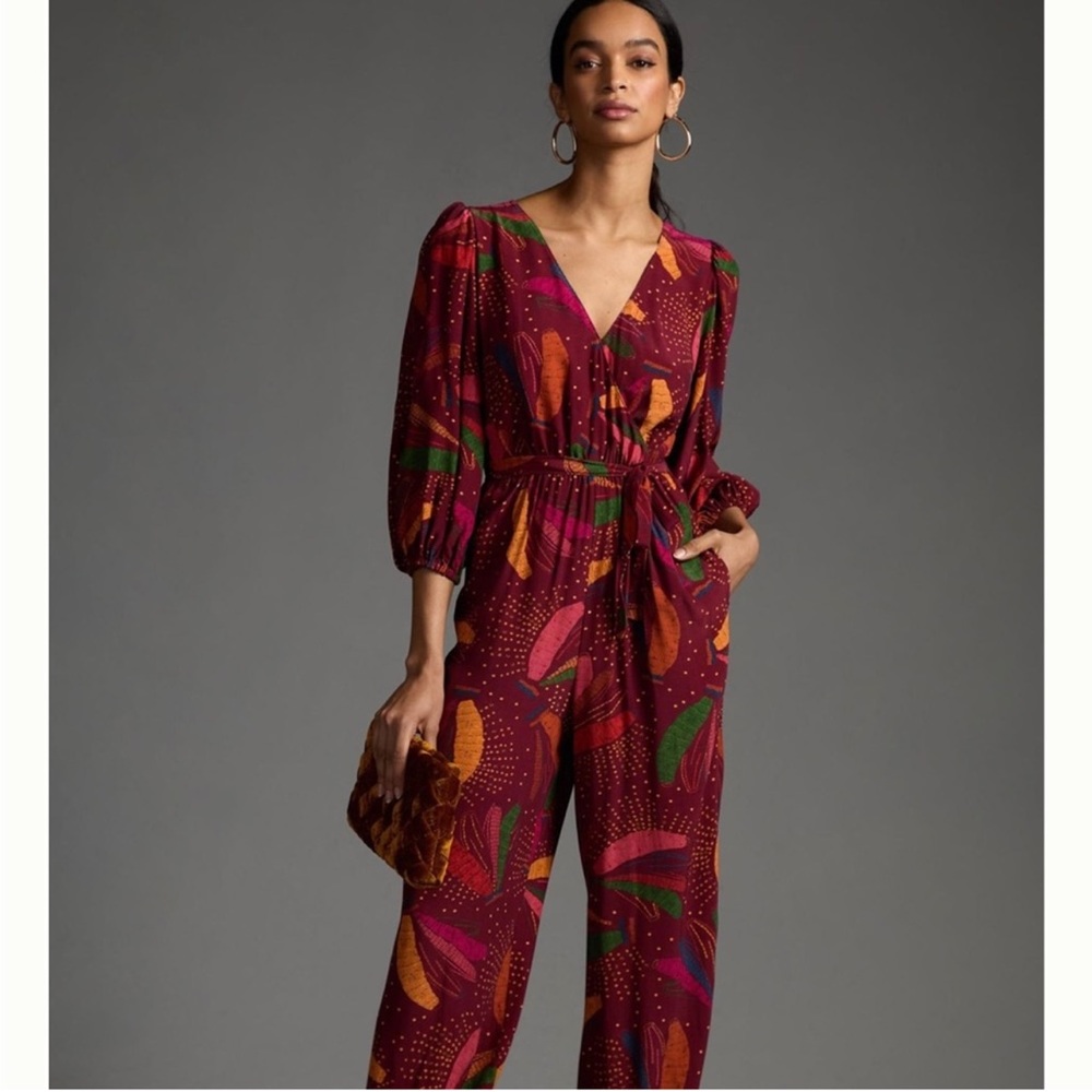 FARM Rio from Anthropologie Maroon Long Sleeve Jumpsuit Size Medium